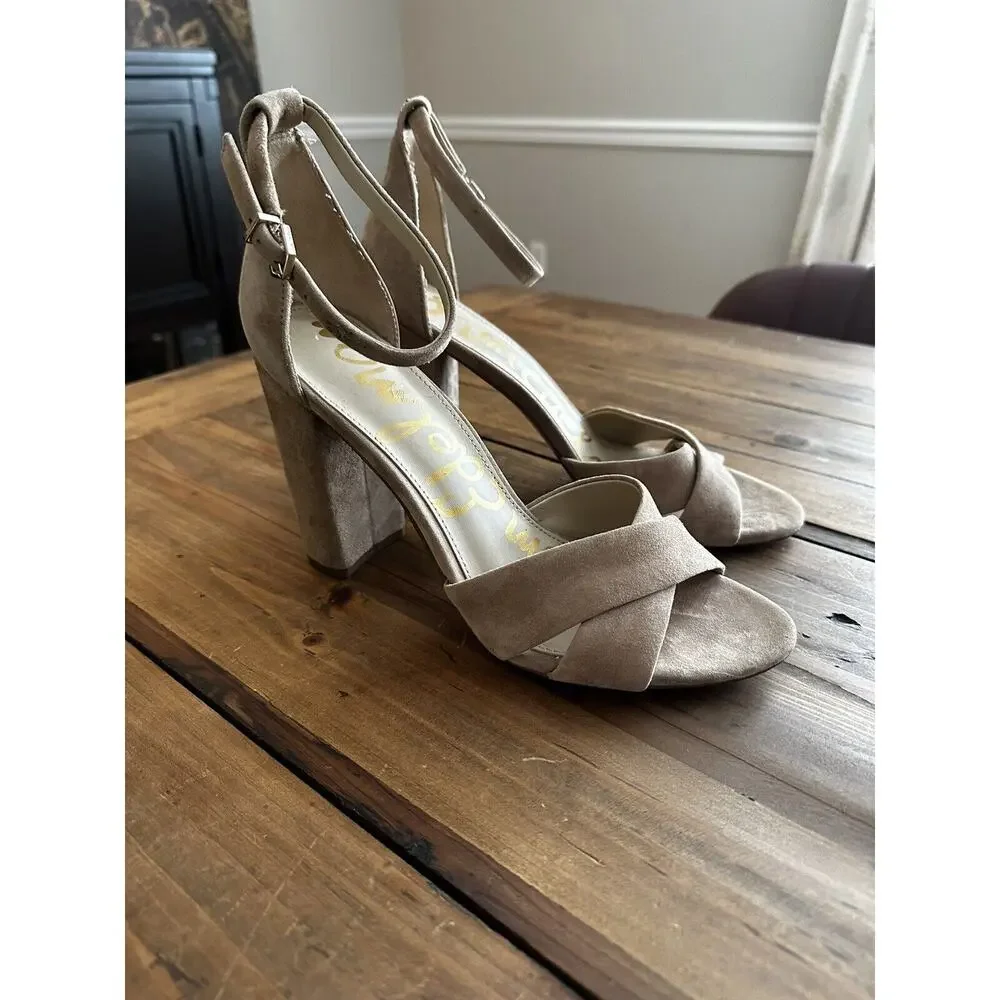 Sam Edelman Yancy Block Heels Ankle Straps Size 10 Suede Beige Wedding Business